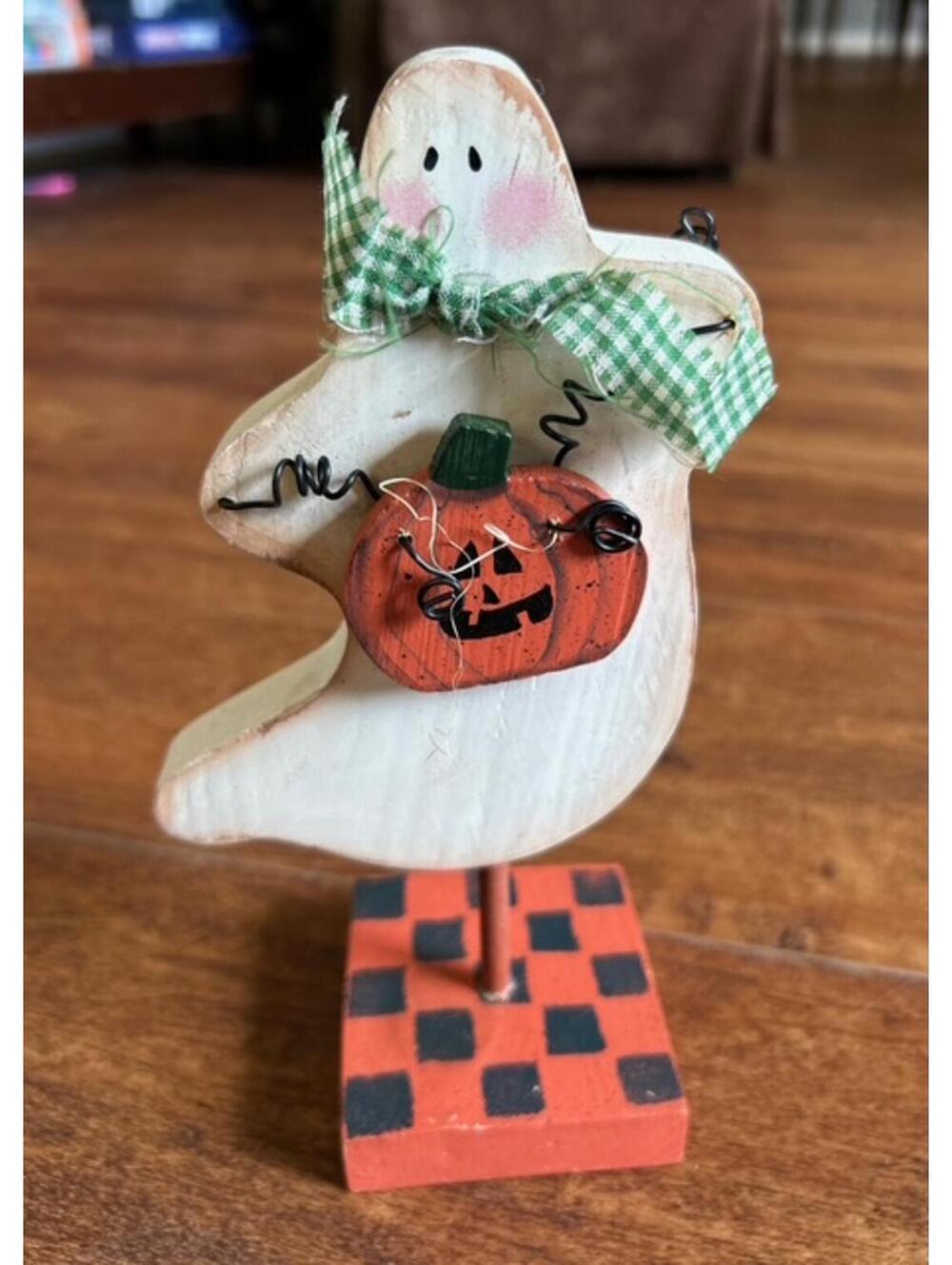 Handmade Wooden Ghost Halloween Decoration with Pumpkin and Green Checkered Bow
